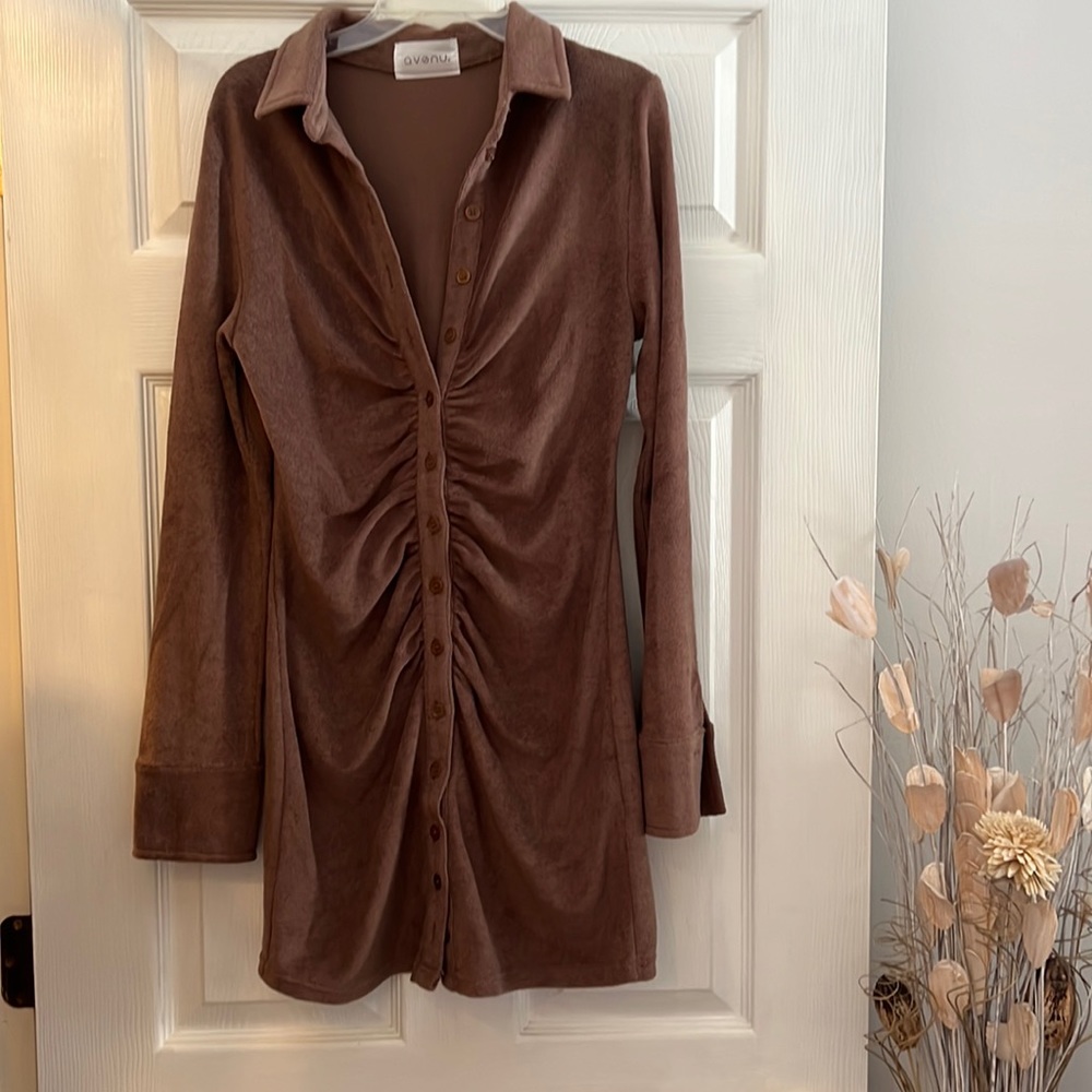 Collared Button Up Down Terry Cloth Brown Mini Dress